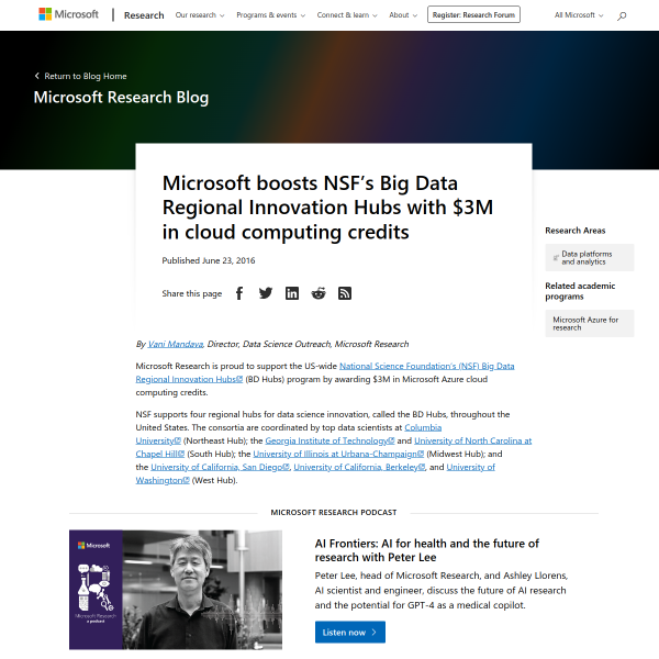 Microsoft boosts NSF’s Big Data Regional Innovation Hubs with $3M in cloud computing credits - Microsoft Research