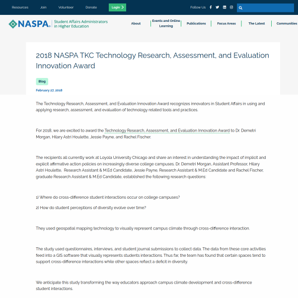 2018 NASPA TKC Technology Research, Assessment, and Evaluation Innovation Award - Technology Post