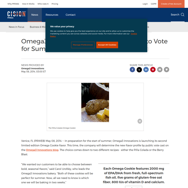 Omega3 Innovations Encourages Public to Vote for Summer Omega Cookie®