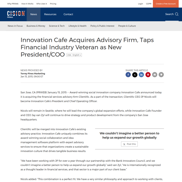 Innovation Cafe Acquires Advisory Firm, Taps Financial Industry Vetera