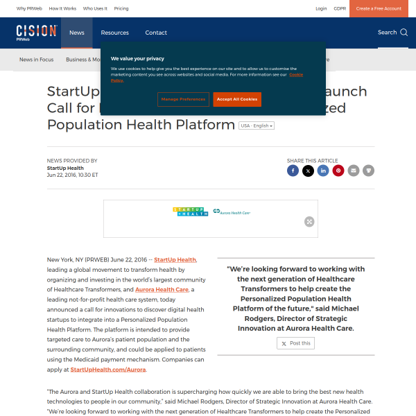 StartUp Health and Aurora Health Care Launch Call for Innovations to C
