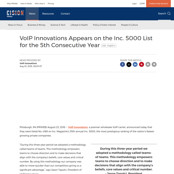 VoIP Innovations Appears on the Inc. 5000 List for the 5th Consecutive