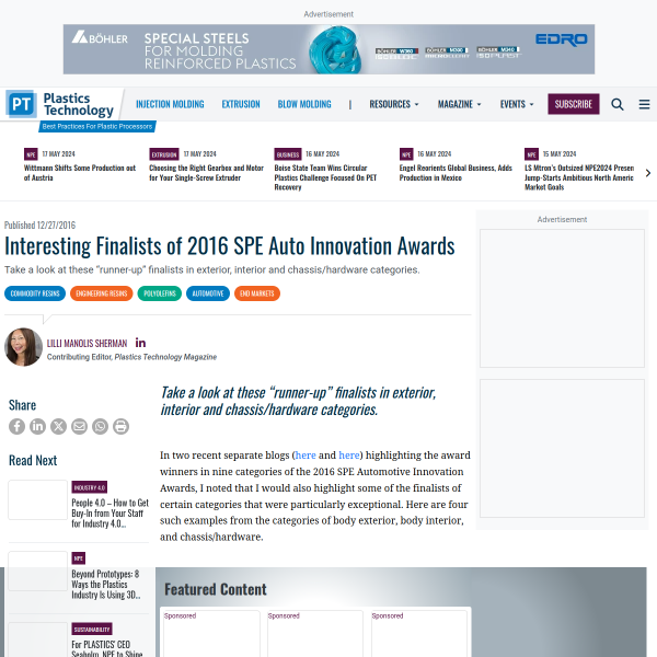 Interesting Finalists of 2016 SPE Auto Innovation Awards