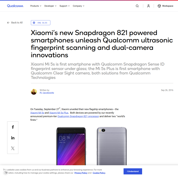 Xiaomi’s new Snapdragon 821 powered smartphones unleash Qualcomm ultrasonic fingerprint scanning and dual-camera innovations - Qualcomm