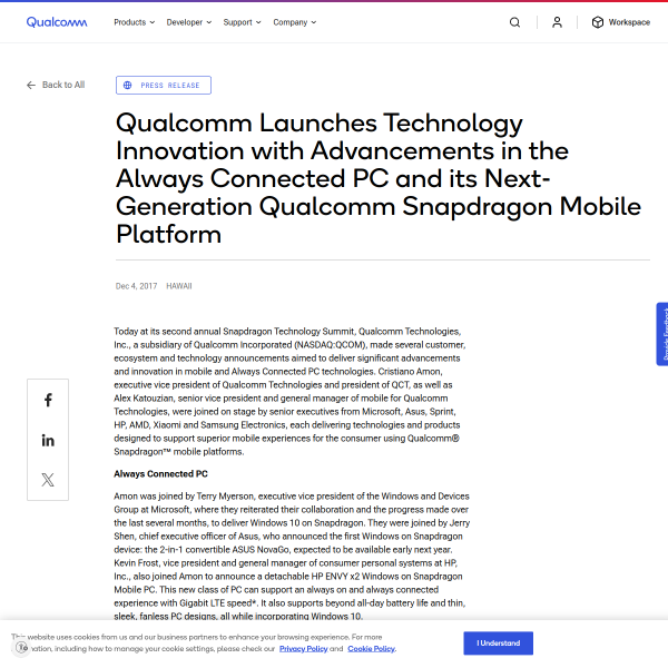 Qualcomm Launches Technology Innovation with Advancements in the Always Connected PC and its Next-Generation Qualcomm Snapdragon Mobile Platform - Qualcomm