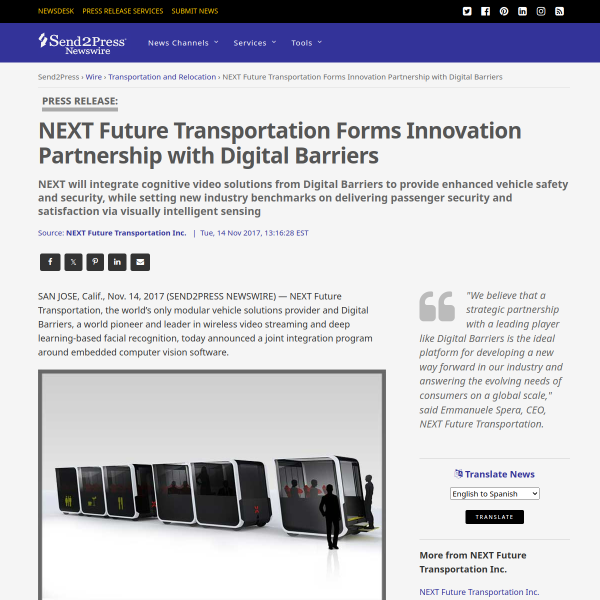 NEXT Future Transportation Forms Innovation Partnership with Digital Barriers - Send2Press Newswire