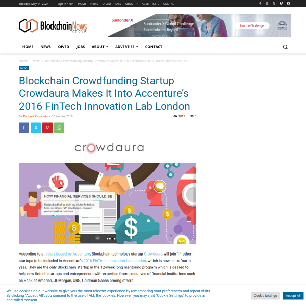 Blockchain Crowdfunding Startup Crowdaura Makes It Into Accenture’s 2016 FinTech Innovation Lab London - Blockchain News