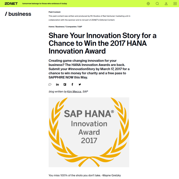 Share Your Innovation Story for a Chance to Win the 2017 HANA Innovation Award - ZDNet