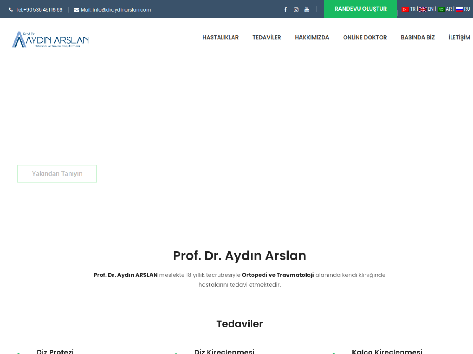 Prof. Dr. Aydın Arslan web sitesi ön izlemesi
