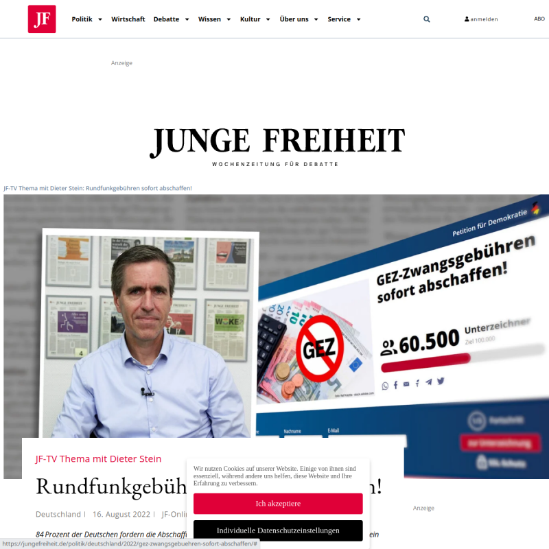 JF-TV Thema mit Dieter SteinRundfunkgebühren sofort abschaffen!