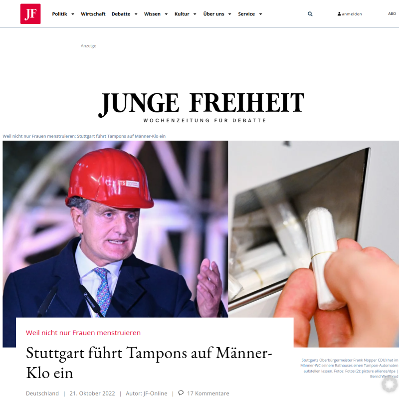 Weil nicht nur Frauen menstruierenStuttgart führt Tampons auf Männer-Klo ein