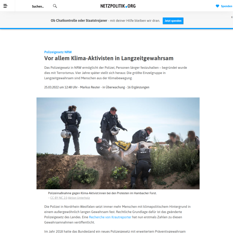 Polizeigesetz NRW: Vor allem Klima-Aktivisten in Langzeitgewahrsam