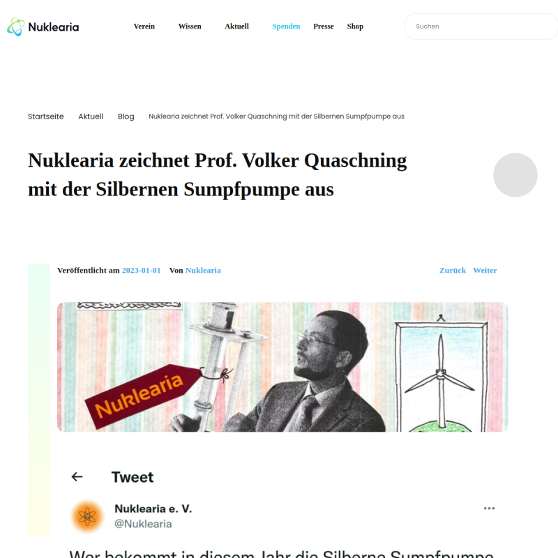 Nuklearia zeichnet Prof. Volker Quaschning mit der Silbernen Sumpfpumpe aus