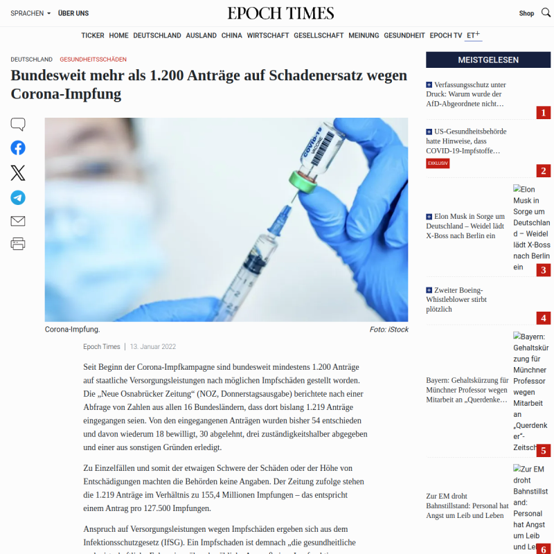 Bundesweit mehr als 1200 Anträge auf Schadenersatz wegen Corona-Impfung