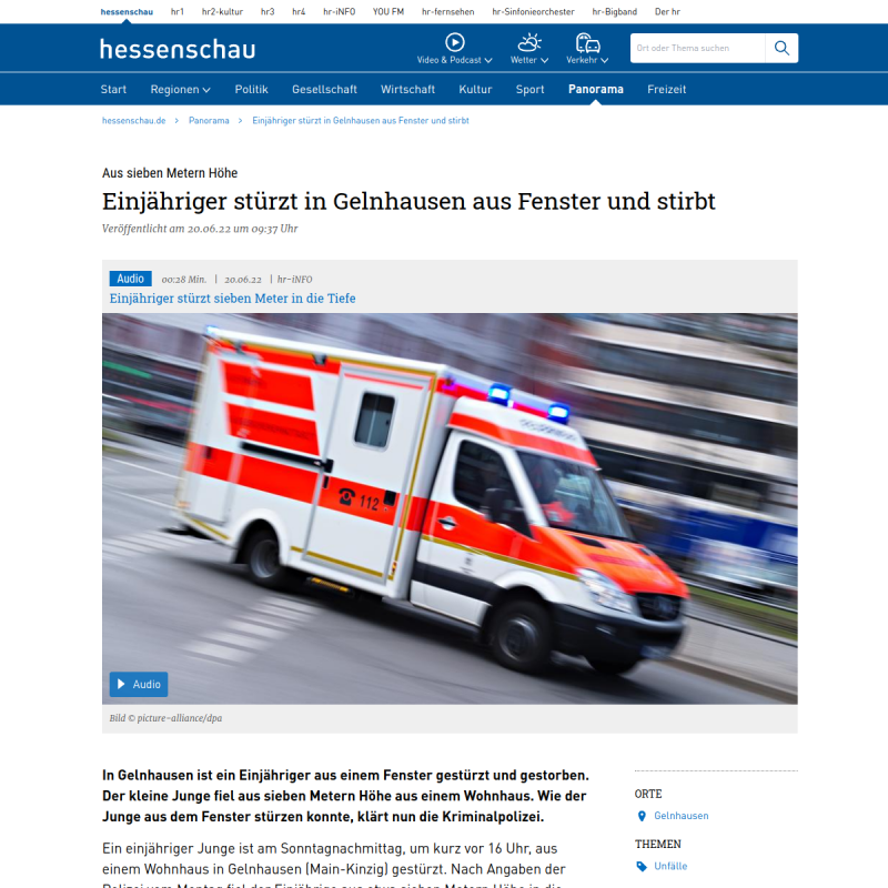 Einjähriger stürzt in Gelnhausen aus Fenster und stirbt