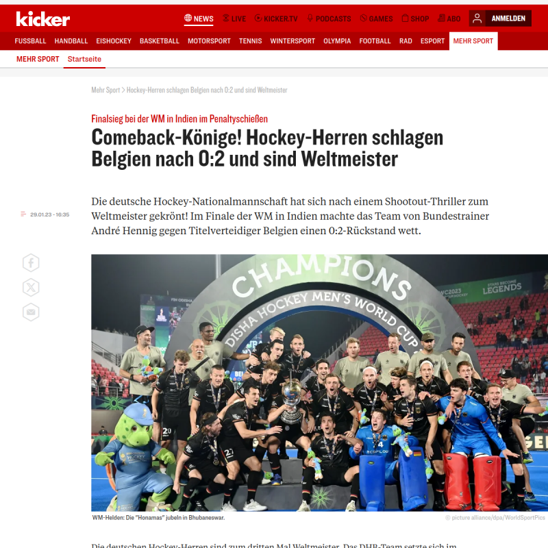 Comeback-Könige! Hockey-Herren schlagen Belgien nach 0:2 und sind Weltmeister