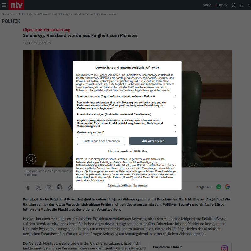 Lügen statt Verantwortung: Selenskyj: Russland wurde aus Feigheit zum Monster