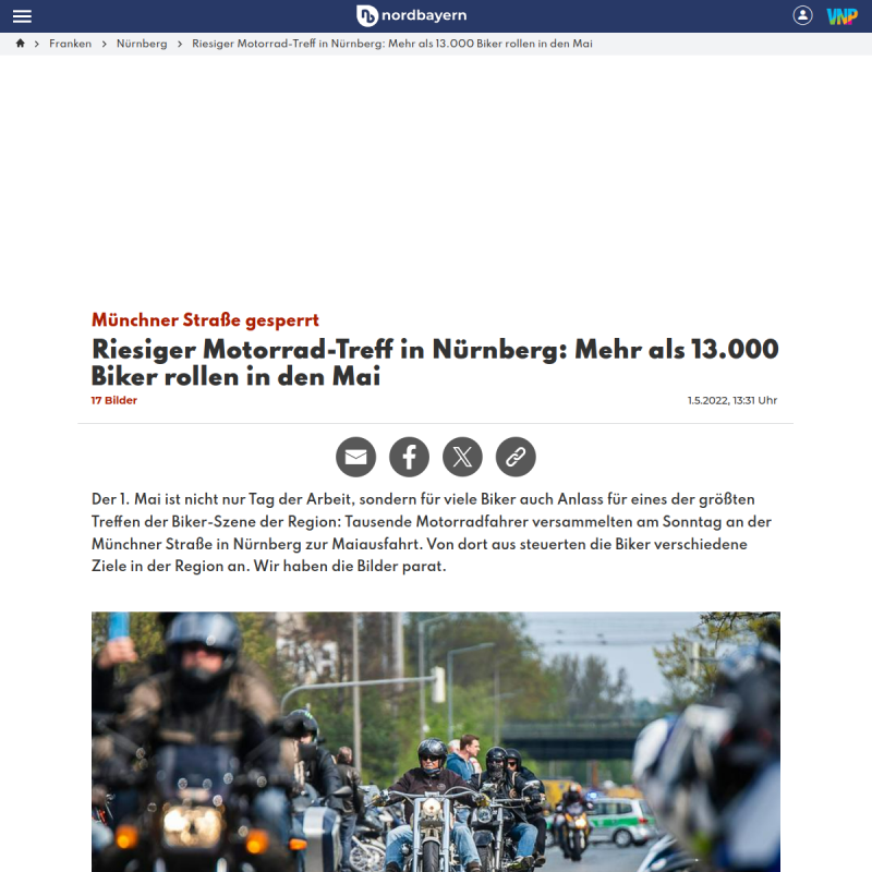 Riesiger Motorrad-Treff in Nürnberg: Rund 13.000 Biker rollen heute in den Mai
