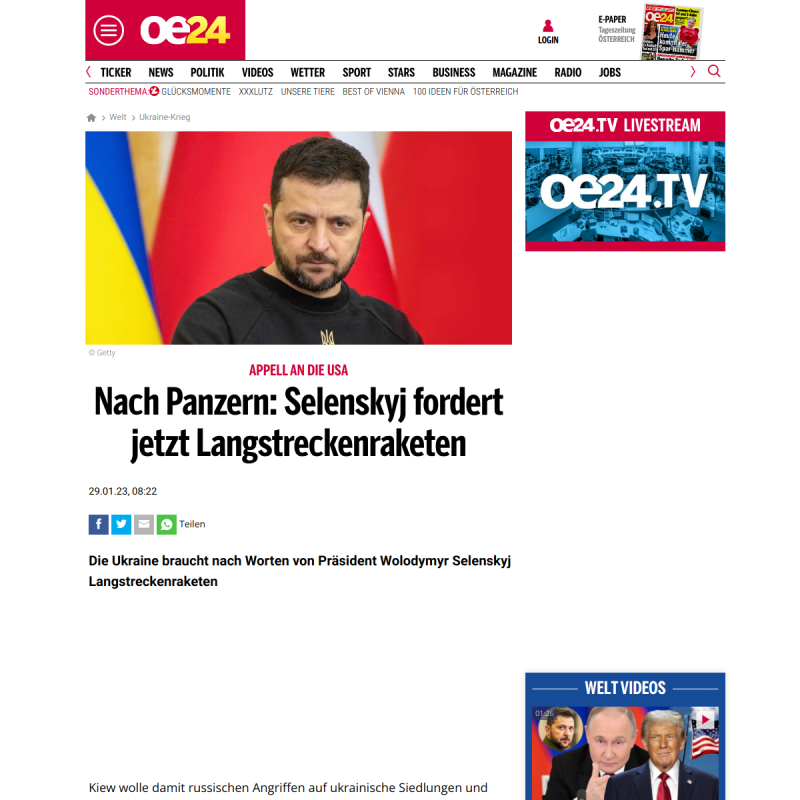 Nach Panzern: Selenskyj fordert jetzt Langstreckenraketen