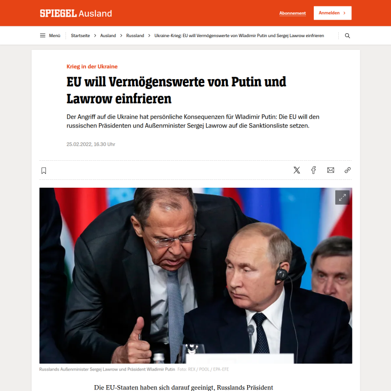 EU friert Vermögenswerte von Wladimir Putin und Sergei Lawrow ein