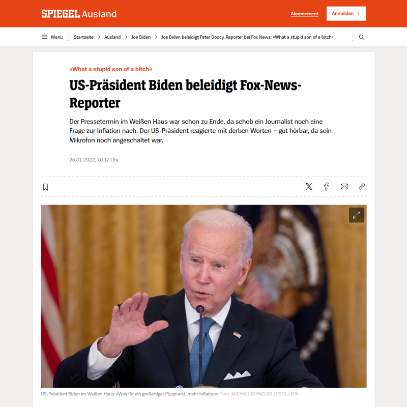 Joe Biden beleidigt Fox-News-Reporter Peter Doocy: »What a stupid son of a bitch«