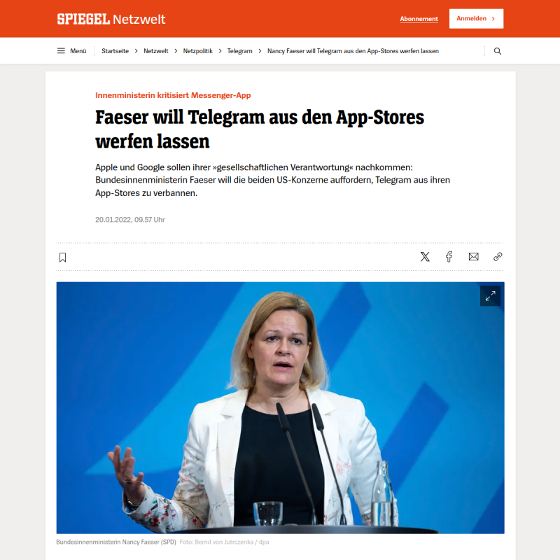 Nancy Faeser will Telegram aus den App-Stores werfen lassen