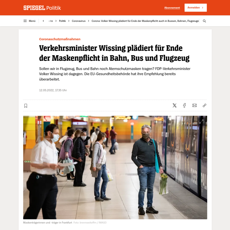 Corona: Volker Wissing plädiert für Ende der Maskenpflicht auch in Bussen, Bahnen, Flugzeugen