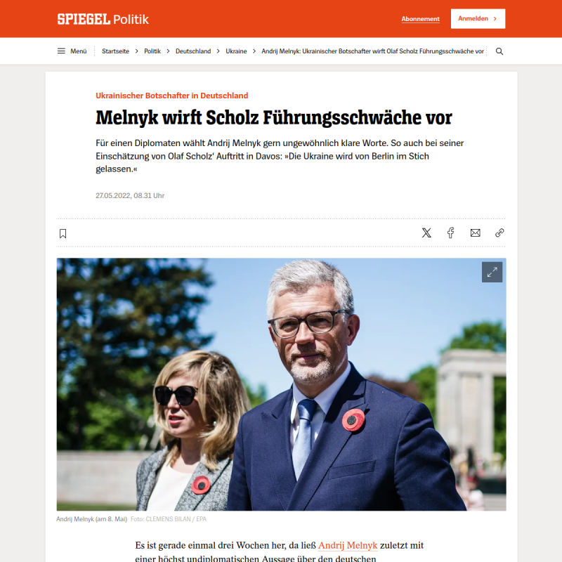 Andrij Melnyk: Ukrainischer Botschafter in Deutschland wirft Olaf Scholz Führungsschwäche vor