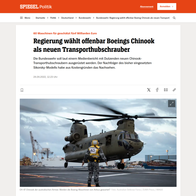 Bundeswehr: Regierung wählt offenbar Boeing-Chinook als neuen Transporthubschrauber
