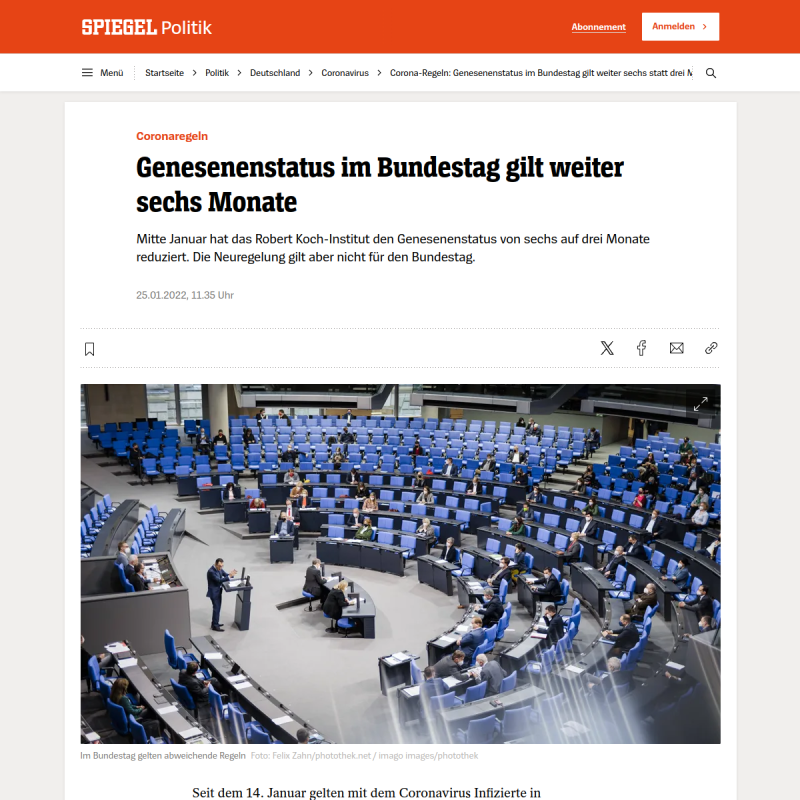 Coronaregeln: Genesenenstatus im Bundestag gilt weiter sechs statt drei Monate