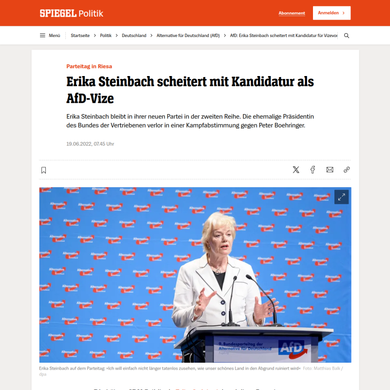 Erika Steinbach scheitert mit Kandidatur für Vizevorsitz der AfD
