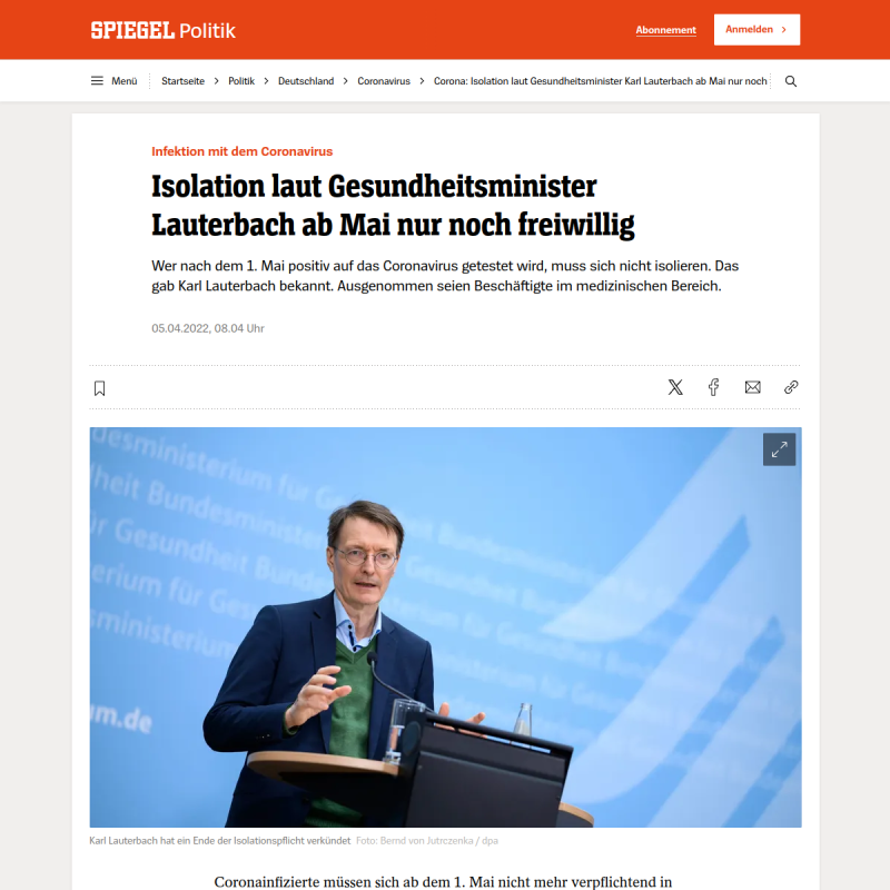 Isolation laut Gesundheitsminister Karl Lauterbach ab Mai nur noch freiwillig