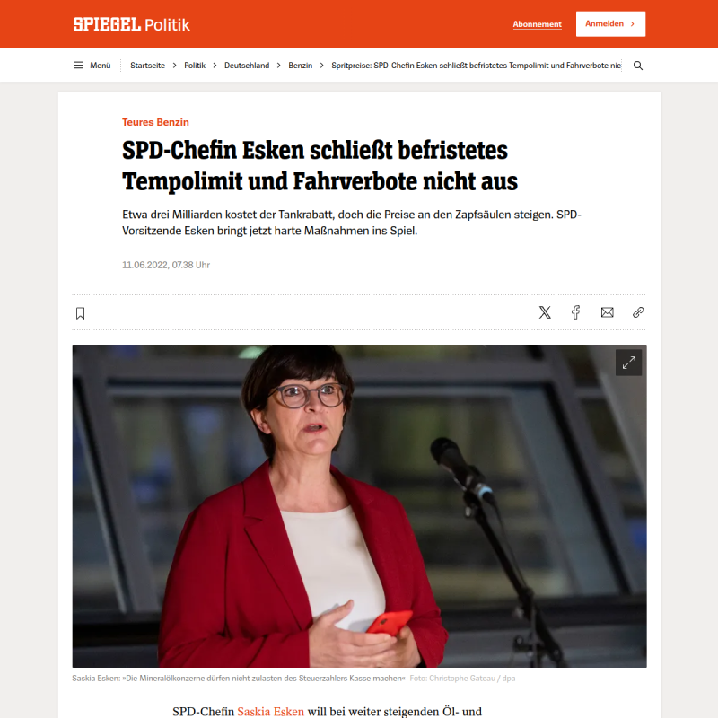Spritpreise: SPD-Chefin Esken schließt befristetes Tempolimit und Fahrverbote nicht aus