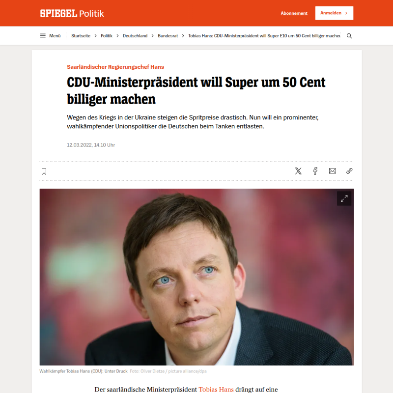 Tobias Hans: CDU-Ministerpräsident will Super E10 um 50 Cent billiger machen
