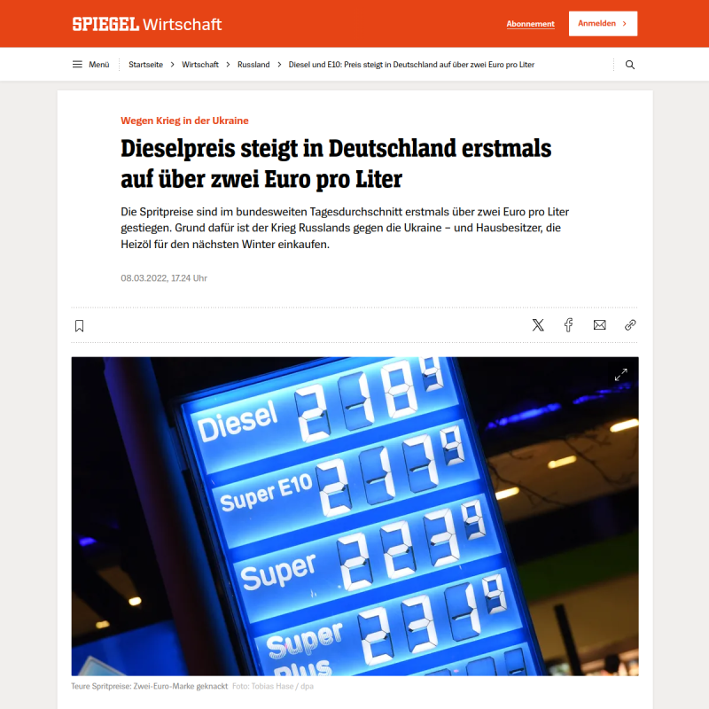 Diesel und E10: Literpreis steigt in Deutschland auf über zwei Euro pro Liter