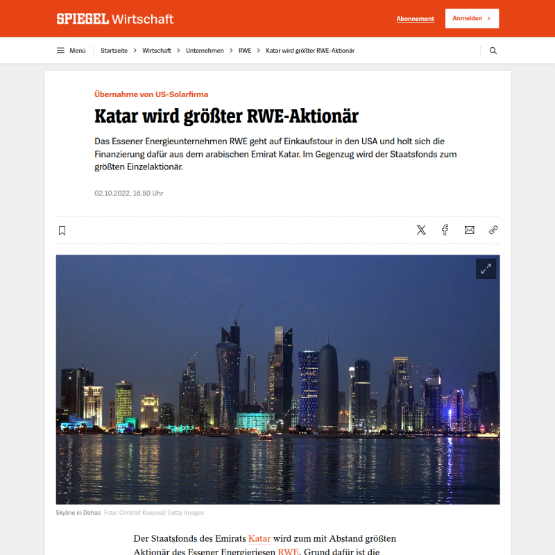Katar wird größter RWE-Aktionär