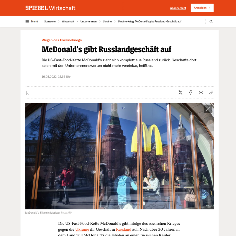 Wegen des Ukrainekriegs: McDonald's gibt Russland-Geschäft auf