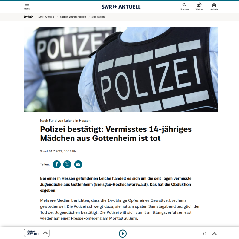 Vermisstes 14-jähriges Mädchen aus Gottenheim ist tot