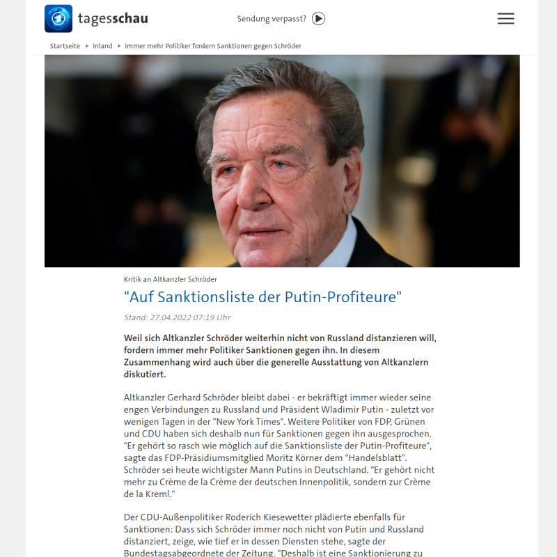 Immer mehr Politiker fordern Sanktionen gegen Schröder