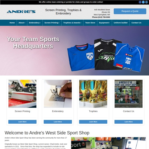 Website screenshot for Andre's West Side Sport Shop West Springfield