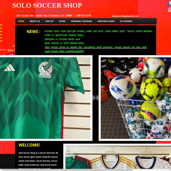 Website screenshot for Solo Soccer Shop South San Francisco