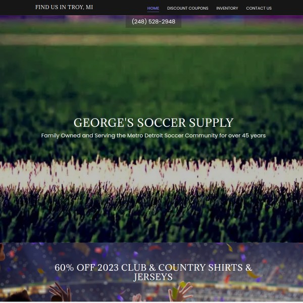 Website screenshot for George's Soccer Supply Troy