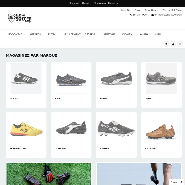 Website screenshot for Passion Soccer Boutique Laval