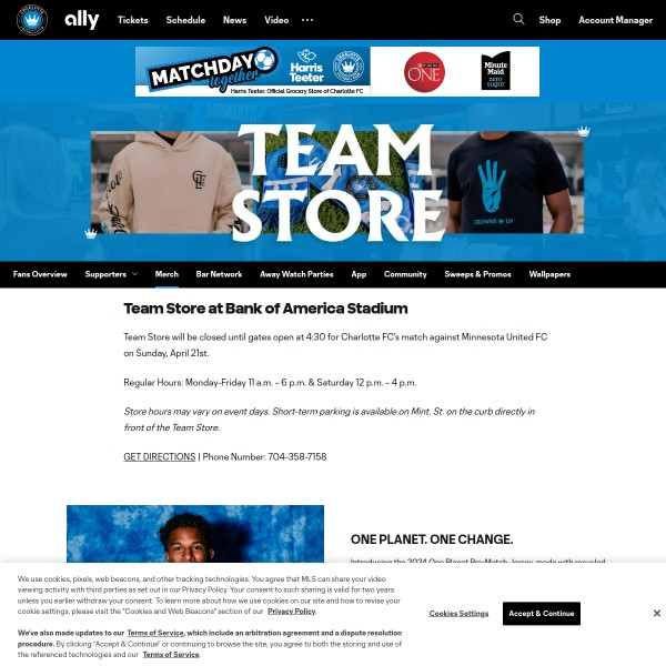 Website screenshot for Charlotte FC Team Store