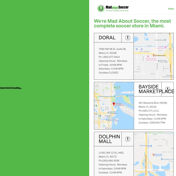 Website screenshot for Mad About Soccer Dolphin Mall Miami