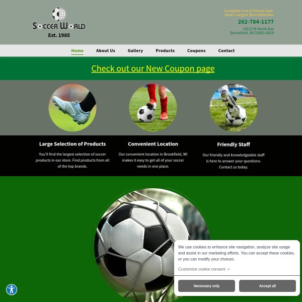 Website screenshot for Soccer World Brookfield
