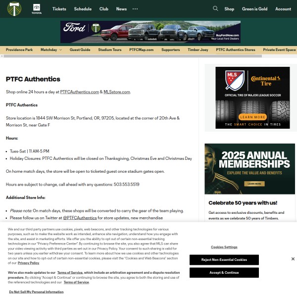 Website screenshot for PTFC Authentics Timbers Store Portland