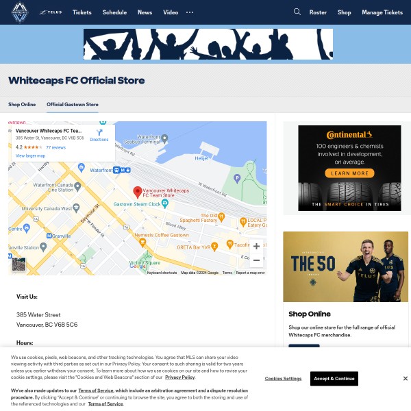 Website screenshot for Vancouver Whitecaps FC Team Store
