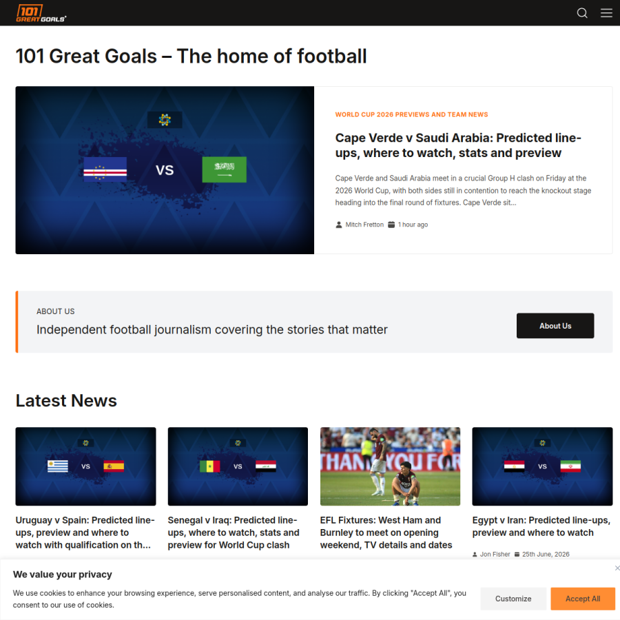 101greatgoals.com homepage screenshot