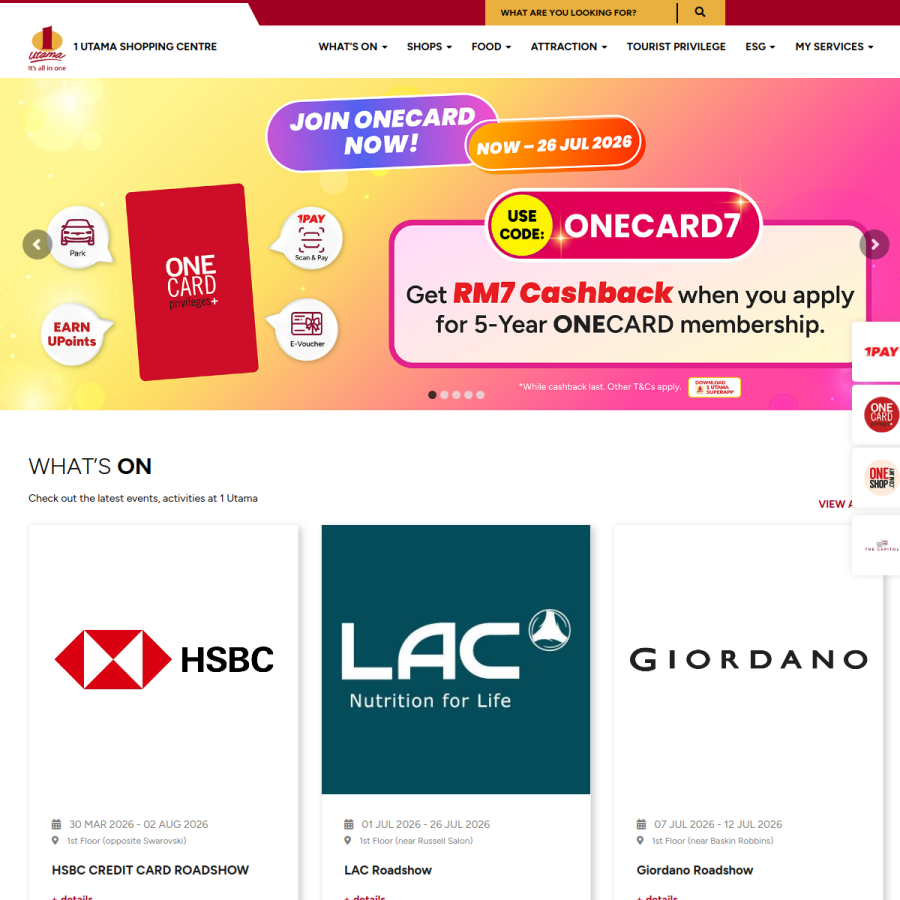 1utama.com.my homepage screenshot